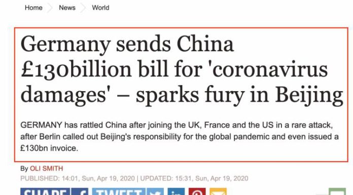 कोरोना क्षति भुक्तानी गर्न जर्मनीले चीनलाई एक खर्ब ३० पाउन्ड स्टर्लिङको बिल पठायो
