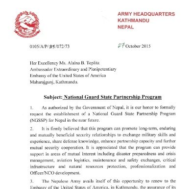 नेपाली सेनाले सात वर्षअघि गरेको थियो एसपिपीमा सहभागी हुन अमेरिकालाई अनुरोध